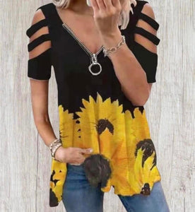 Black sunflower print open sleeve top