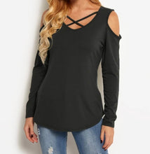 Load image into Gallery viewer, Cold shoulder crossed front design long sleeved top
