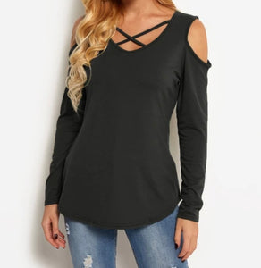 Cold shoulder crossed front design long sleeved top