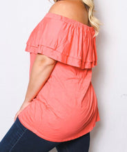 Load image into Gallery viewer, Plus size coral off shoulder top with ruffle
