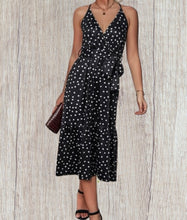 Load image into Gallery viewer, Black polka dot belted dress with criss cross back
