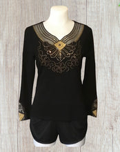 Load image into Gallery viewer, Long sleeve black top with mesh and gold bling on front and cuffs
