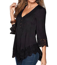 Load image into Gallery viewer, Black 3/4 sleeve V-neck lace blouse with buttons
