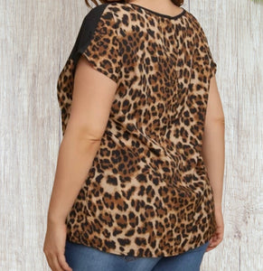 Leopard print short sleeve top with black contrast