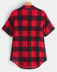 Lightweight red plaid short sleeve blouse