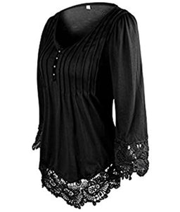 Black 3/4 sleeve V-neck lace blouse with buttons