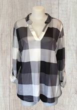 Load image into Gallery viewer, Grey plaid v-neck long sleeve blouse
