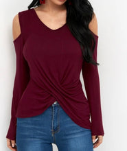 Load image into Gallery viewer, Crossed front design cold shoulder long sleeve top
