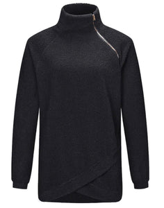 Black wrap design turtleneck teddy sweater