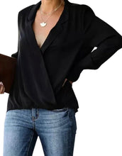Load image into Gallery viewer, Black wrap design long sleeve blouse with collar
