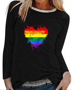 Colorful heart print long sleeve black top