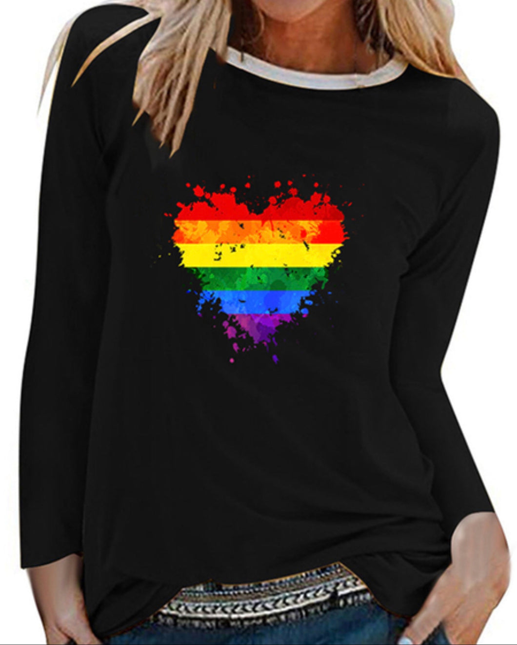 Colorful heart print long sleeve black top