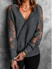 Load image into Gallery viewer, Deep v-neck sweater with lace sleeves
