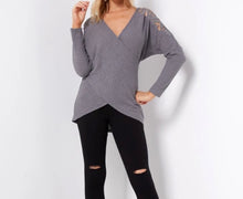 Load image into Gallery viewer, Grey crossed front design waffle long sleeve top

