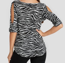 Load image into Gallery viewer, Grey zebra print cold shoulder top with crossed front
