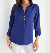 Load image into Gallery viewer, Blue button design classic collar v-neck blouse
