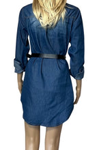 Load image into Gallery viewer, Long sleeve denim shirt/dress with one upper pocket. Belt not included.
