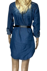 Long sleeve denim shirt/dress with one upper pocket. Belt not included.