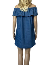 Load image into Gallery viewer, Off shoulder denim dress with  ruffle and side pockets
