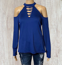 Load image into Gallery viewer, Cold shoulder long sleeve choker style top with criss cross
