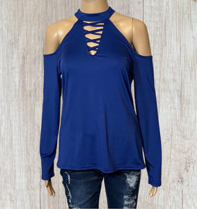 Cold shoulder long sleeve choker style top with criss cross