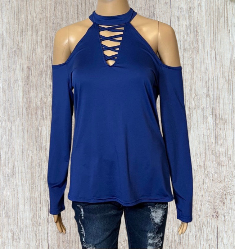 Cold shoulder long sleeve choker style top with criss cross