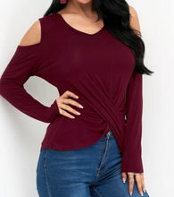 Load image into Gallery viewer, Crossed front design cold shoulder long sleeve top
