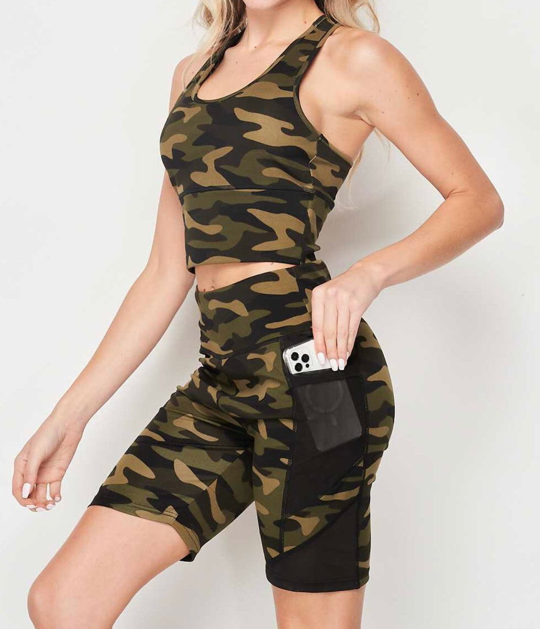 2 piece camouflage workout shorts and crop top