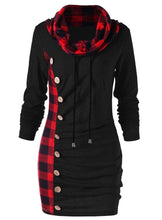 Load image into Gallery viewer, Black with red plaid trim cowl neck tunic/sweater dress
