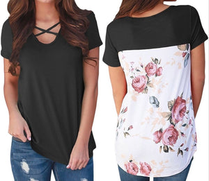 Criss cross v-neck floral back tee