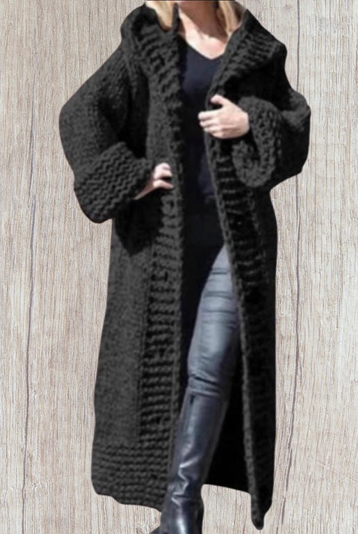 Chunky knit long hooded cardigan with buttons