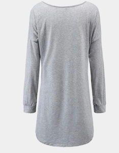 Grey casual high/low dress with long sleeves and round neck