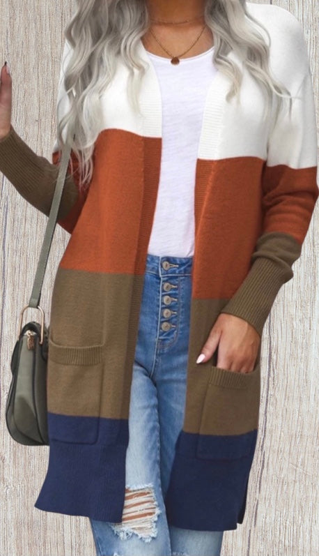 Super soft, thick, warm color block cardigan with pockets