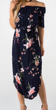 Load image into Gallery viewer, Off shoulder navy floral dress
