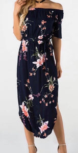 Off shoulder navy floral dress