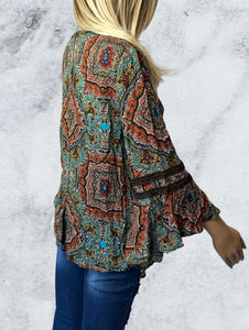 Multi color top with bell sleeves