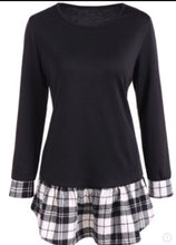 Load image into Gallery viewer, Long sleeve black top with plaid trim
