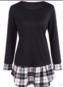 Long sleeve black top with plaid trim