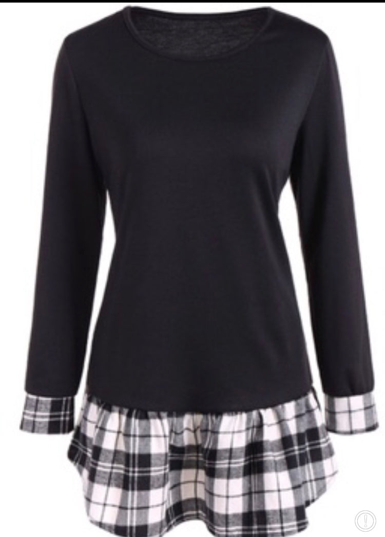 Long sleeve black top with plaid trim