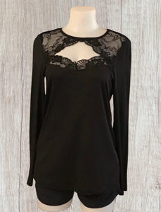 Black long sleeve cut out top with lace insert
