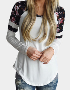 White long sleeve floral round neck top