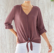Load image into Gallery viewer, Button up waffle knit top with knotted front
