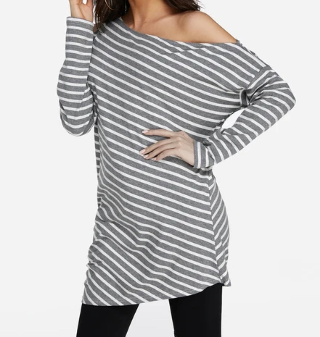 Striped cold shoulder, off one shoulder sweater