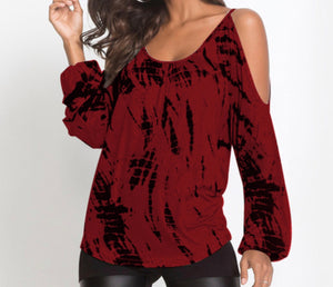 Cold shoulder tie dye burgundy long sleeve top