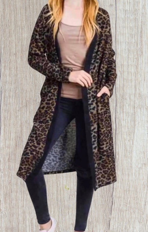 Leopard print long cardigan with pockets