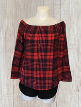 Load image into Gallery viewer, Red plaid off shoulder long sleeve top
