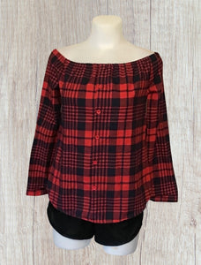 Red plaid off shoulder long sleeve top