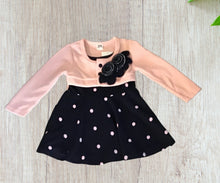 Load image into Gallery viewer, Girls navy/pink polka dot dress with fooler sweater
