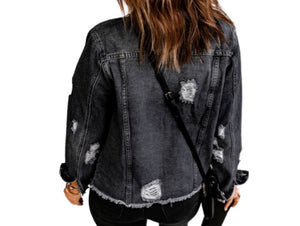 Black distressed raw hem denim jacket