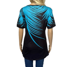 Load image into Gallery viewer, Blue/black short sleeve patterned top with decorative buttons
